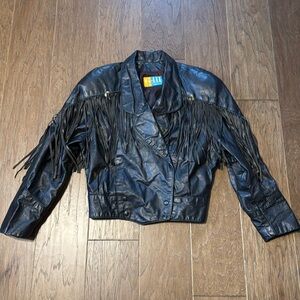 Vintage Black Leather Western Fringe Jacket